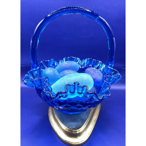 1950s Vintage Fenton Thumbprint Colonial Cobalt Blue Ruffled 8” Glass Basket